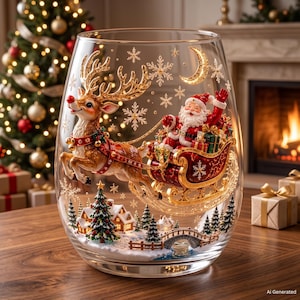 3D-Weihnachtsglasbecher mit Rentier, Weihnachtsmann und Schneemann – Festliches Glasgeschirr – Weihnachtsgeschenk