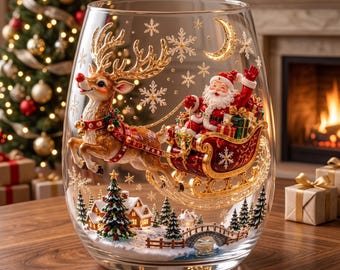 Tazza di vetro natalizia 3D con renne, Babbo Natale e pupazzo di neve. Tazza in vetro per le feste, regalo di Natale.