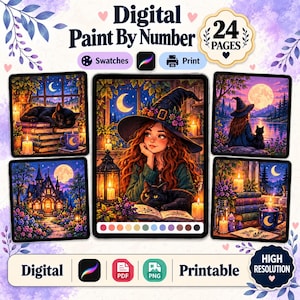 May include: A digital paint by number set featuring 24 pages of witch-themed illustrations. The display shows a tablet screen with a central image of a witch and black cat, surrounded by four smaller square scenes of cats, books, and houses.