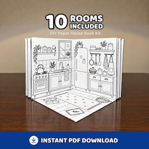 Foldable paper house template | 10-Room Printable Dollhouse Coloring Book | DIY Paper Craft Kit | Instant Download PDF
