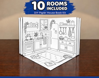 Foldable paper house template | 10-Room Printable Dollhouse Coloring Book | DIY Paper Craft Kit | Instant Download PDF