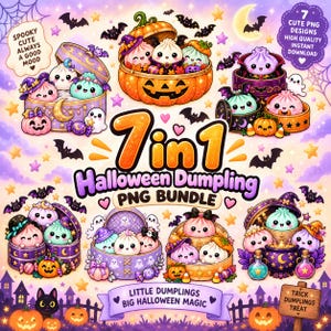 Peut inclure: Un ensemble graphique numérique présentant sept illustrations d'Halloween de raviolis mignons dans des paniers vapeur, décorés de citrouilles, chauves-souris, fantômes et étoiles. Le texte indique 7 in 1 Halloween Dumpling PNG BUNDLE et Little Dumplings Big Halloween Magic.