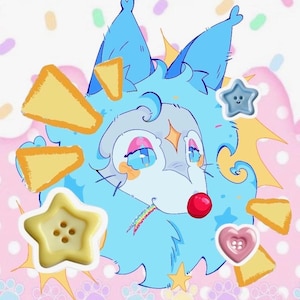 May include: A digital illustration of a blue, furry creature with a red nose and rainbow tongue, surrounded by yellow triangular shapes, a pale yellow star-shaped button, a blue star-shaped button, and a pink heart-shaped button on a pink background.