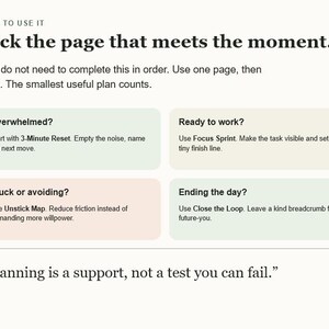 Può includere: Una guida alla pianificazione con il titolo Pick the page that meets the moment. Presenta quattro riquadri colorati con istruzioni: Overwhelmed, Ready to work, Stuck or avoiding e Ending the day. Il testo Planning is a support, not a test you can fail si trova in basso.