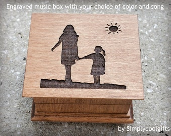 Engraved music box with mother and son OR mother and daughter holding hands on the top with your choice of color and song