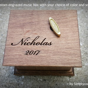 Name Engraved Box - Custom Music Box - Wooden Music Box with a name and year engraved on top, choose your song, personalize it.