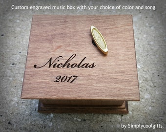 Name Engraved Box - Custom Music Box - Wooden Music Box with a name and year engraved on top, choose your song, personalize it.
