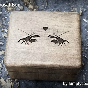 Lobster ring box, wooden box for engagement with lobsters engraved on top
