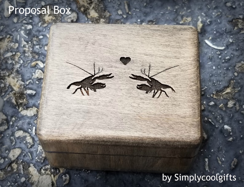 Lobster ring box, wooden box for engagement with lobsters engraved on top