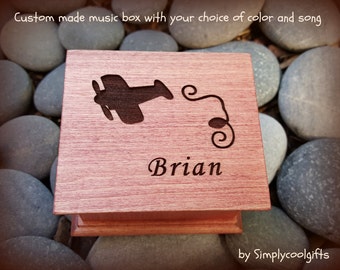 Airplane Music Box - Baby Shower gift - Personalized baby boy gift, engraved music box with plane and name on top,  airplane theme nursery
