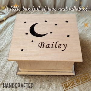 Personalized Small Music Box – Custom Name & Moon Star Design, Wind-Up Wooden Box with Song Choice, Gift for Baby, Child or Music Lover
