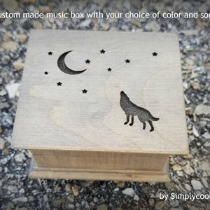 Custom Music Box - Howling Wolf gift - Wooden Music Box with moon and stars and a wolf engraved on top, choose your color and song