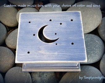 Moon and stars music box - Engraved Music Box - Wooden Music Box with moon and stars engraved on top, choose color and song, personalize