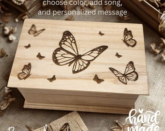 Personalized Music Jewelry Box with Custom Song – Engraved Wooden Keepsake, Gift for Her, Anniversary, Birthday, Butterfly Design Gift