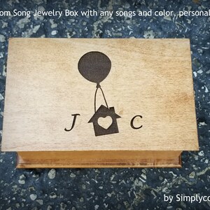Customized Music Box - Music Box Songs - Wooden Music Box with balloons and a house and your initials, anniversary gift idea, personalized