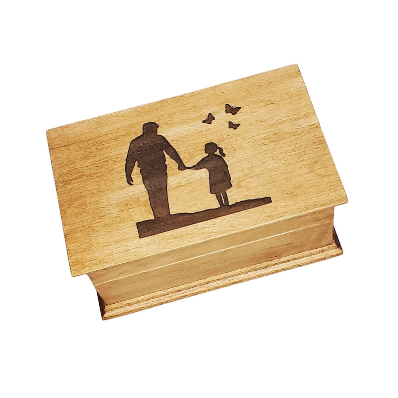 Handcrafted wooden music box with engraved silhouette of father and daughter holding hands with butterflies, personalized keepsake gift, choose from 16 different colors, 80 songs and add a customized engraving to the bottom side of box to create a one of a kind music box for your daughter or father.