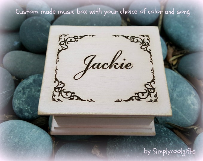 Name Gift - Custom Music Box - Wooden Box engraved with your name choice, music box customized with your song choice and color