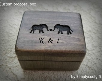 Proposal Ring Box - Engraved Ring Box - Wooden Ring Box - Personalized Ring box with elephants and your initials engraved to top