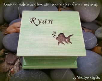 Golfish gift - Wooden Music Box - Name Engraved Box with a goldfish on the top, choose your color and song, personalized box