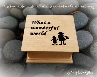 Wonderful World gift - Mom gift from son - Wooden music box with What a wonderful world and mother and son holding hands image engraved top