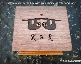 Love Sloths - Sloths Music Box - Custom music box with love sloths and your initials engraved to the top, music box by Simplycoolgifts