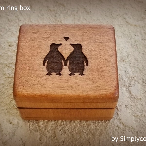 Engagement Ring Box - Ring Bearer Box - Wooden Ring Box - Wedding Ring Box engraved with penguins on the top, choose your color