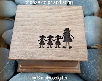 Mom with 3 girls gift  - Wooden Music Box - Mothers day gift box, you can choose your song, color and personalize it