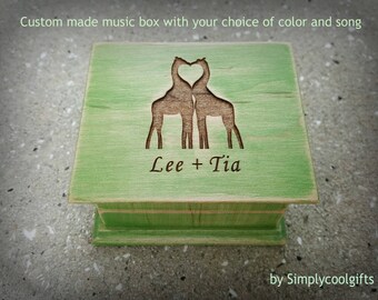 Love Giraffes Music Box - Personalized Music Box with your names, Anniversary gift or Valentine's day, choose color song, anniversary box