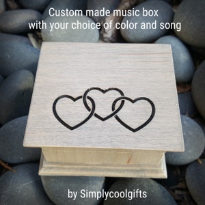 Heart box - Custom Music Box engraved with 3 hearts intertwined, choose your color and song choice, personalizing available