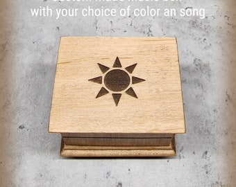 Here comes the sun - Wooden Music Box - Custom Music Box with a sun image engraved on top, personalizing option on the back