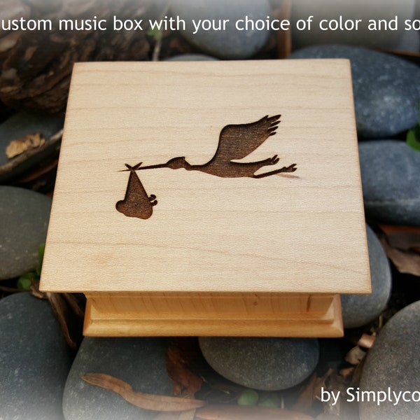 Stork and Baby - Wooden Music Box - Mobile Music Box - Baby Announcement - Pregnancy Announcement - New Baby Gift Ideas -