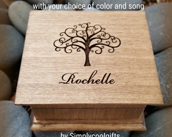 Music Box with Name engraved on top along with a tree of life design, choose song and color, perfect birthday gift idea
