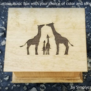 Giraffe Family - Custom Music Box - Engraved Music Box, wooden music box with a giraffe family engraved on the top, choose your color, song