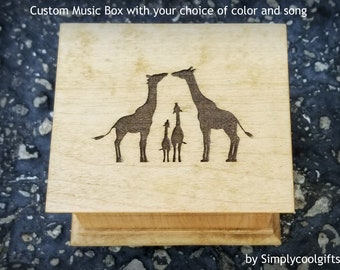 Giraffe Family - Custom Music Box - Engraved Music Box, wooden music box with a giraffe family engraved on the top, choose your color, song