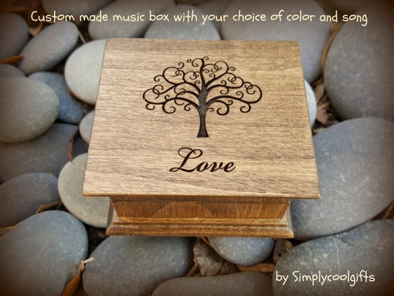 Love Box - Tree of Life Engraving - Wooden Music Box with a tree and Love engraved on top, personalize the bottom side, Valentines gift her