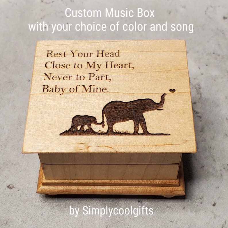 Elephant Family - Custom Music Box - Engraved Music Box with mama and baby elephant, Baby mine, Mother's day gift, personalized music box 