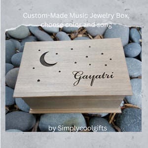 Moon and Stars Jewelry Box with Name Engraved on top, Choose Color and Song, add personalized message on the bottom side of box
