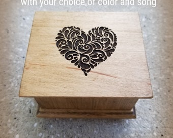 Wooden Music Box - Customized Music Box - Engraved Music Box with a heart on the top, choose your music box song and color, I love you gift