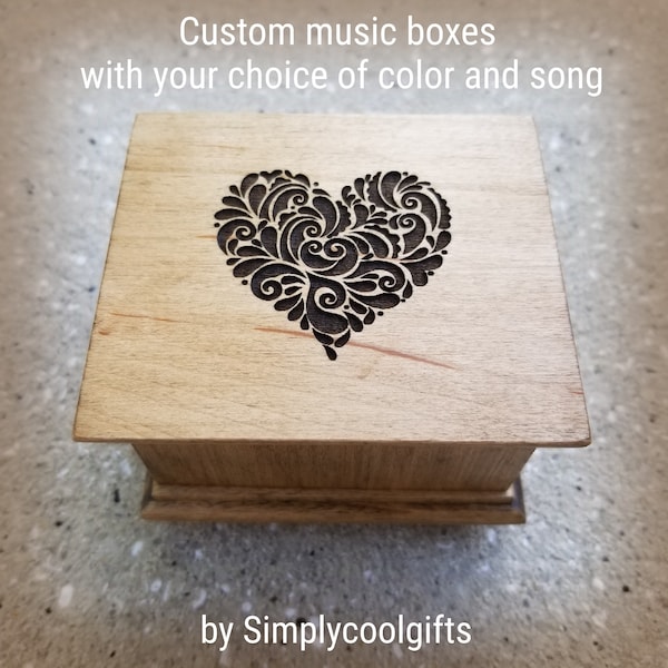 Wooden Music Box - Customized Music Box - Engraved Music Box with a heart on the top, choose your music box song and color, I love you gift