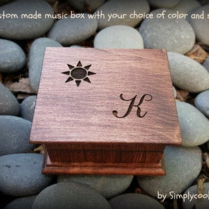 Wooden Music Box - Monogrammed Gift - Engraved Music Box with a sun image and your initial, choice of color and music box song