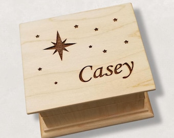 Music Box with Star Design Personalized with Name, Custom Handmade Keepsake Gift