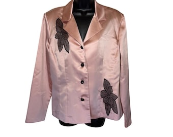 Top Lew Magram Vintage de los años 80 y 90, de satén rosa y negro con estampado floral.
