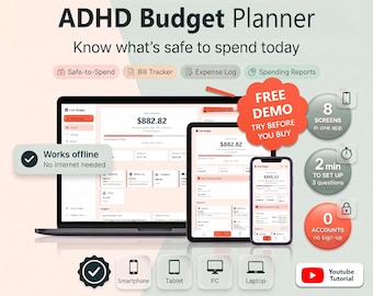 ADHD Budget Planner App, ADHD Digital Planner, Debt Payoff Tracker, Bill Tracker & Paycheck Budget, iPhone Android Windows Mac
