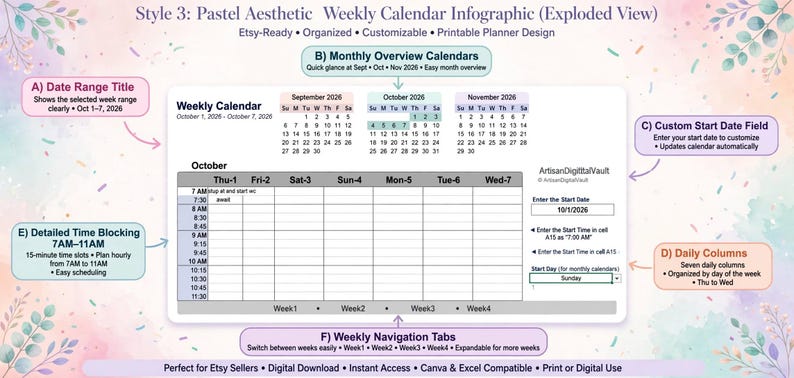 Weekly Calendar Excel Template, Hourly Planner Spreadsheet, Time Block ...