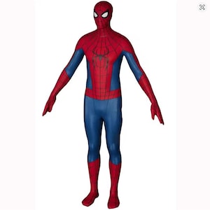 May include: A full-body Spiderman costume featuring a red and blue color scheme with a black spider emblem on the chest. The suit includes a textured fabric pattern, long sleeves, and a matching mask with white eye lenses covering the entire head.