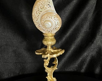 Hand Carved Dragonfly Turbo Shell on Vintage Bronze Antique Base... elegant coast