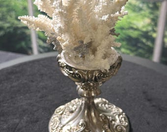 White Sea Coral mounted on a silver plated ornate English Pedestal coastal decor.