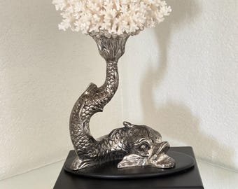 Single Silver Plated Koi Dolphin with Lace Coral, Coastal Decor Statement Piece