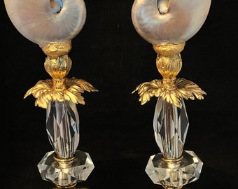 Vintage Pearlized Nautilus Shells on Regency Crystal Bases - Pair