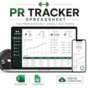 May include: A PR Tracker spreadsheet digital download for Microsoft Excel and Google Sheets displayed on a laptop and smartphone screen. The interface shows personal records, graphs, and goal tracking with data in lbs, including a 45 lbs weight plate.